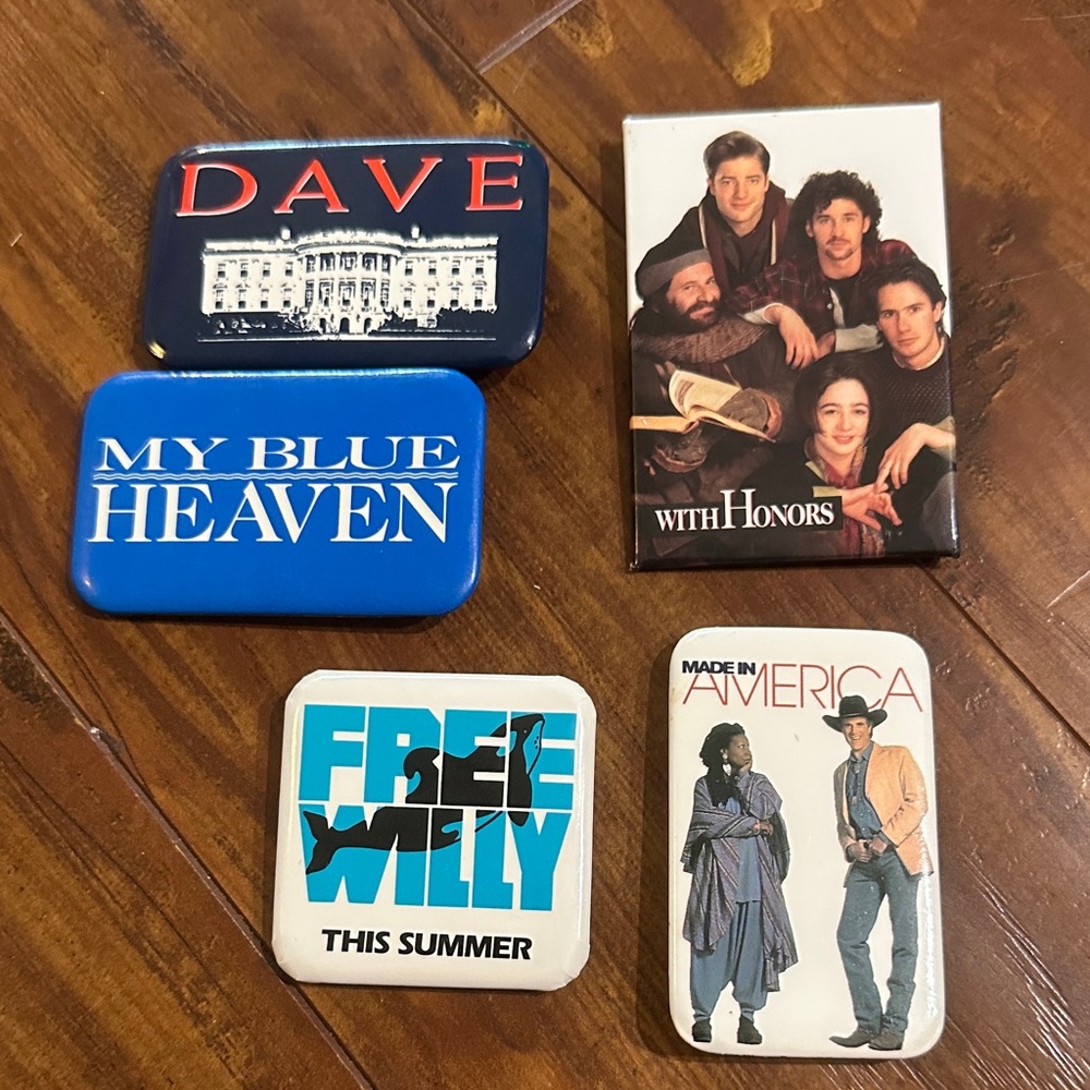 Vintage 90s Movie Promo Pin Lot – Free Willy, Dave, My Blue Heaven, With Honors+